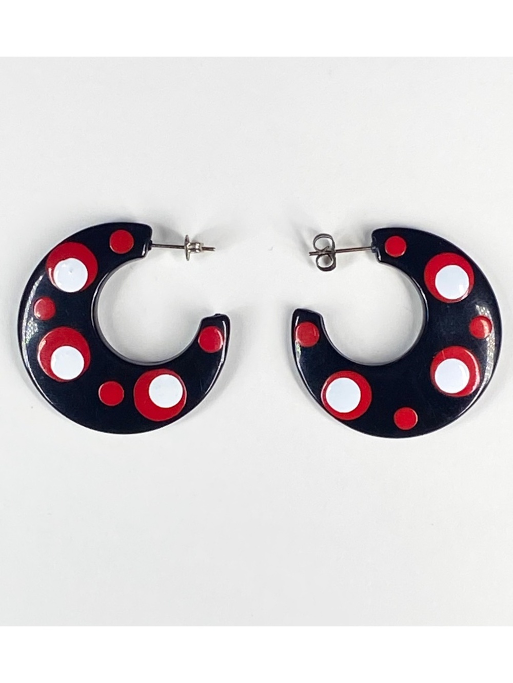 Vintage 80s Hoop Earrings Polkadot Black Red White Retro New Wave Pop